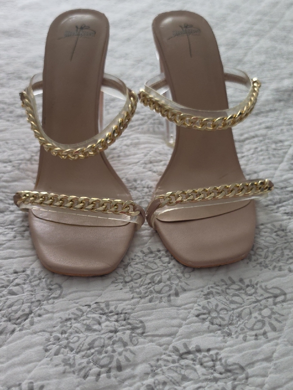 Bisou Bisou Nude Heeled Slides with Gold Chain Straps